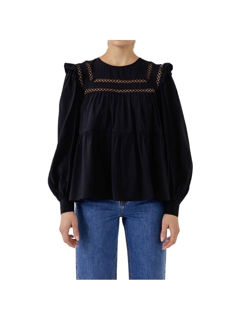 English Factory Ruffled Lace Insert Crochet Black Flowy Puff Sleeve Blouse